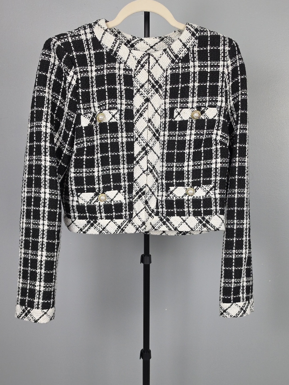 Jealous Tomato Black & White Plaid Tweed Cropped Blazer Jacket Size L